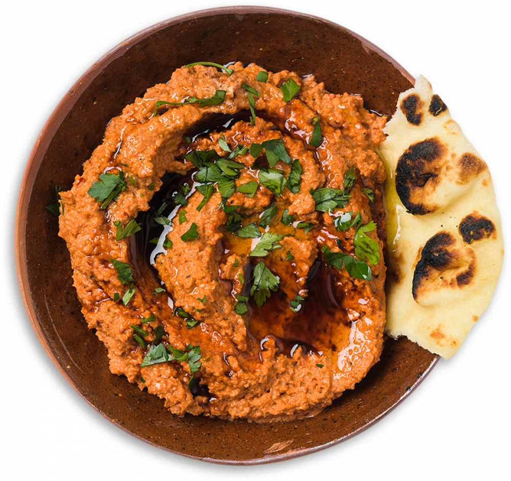 Muhammara gets its rich color from roasted red peppers.
