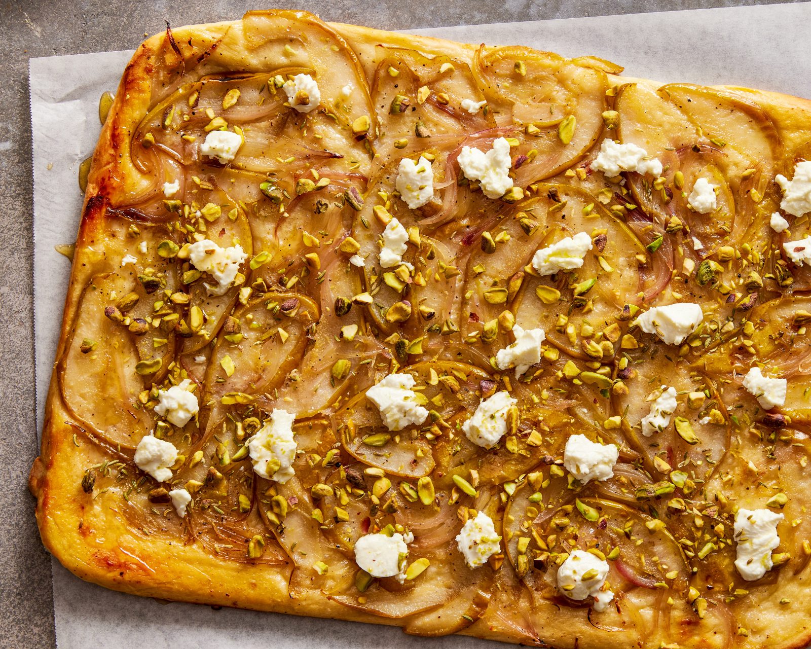 Inverted Pizza Pears Goat Cheese Pistachios