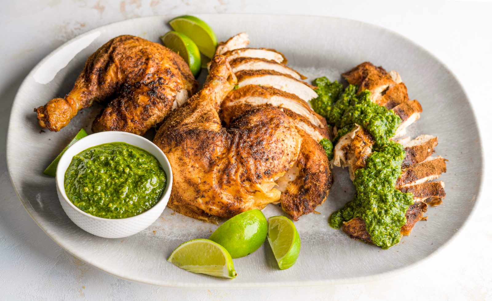 Spice Rubbed Roasted Chicken Green Herb Chutney