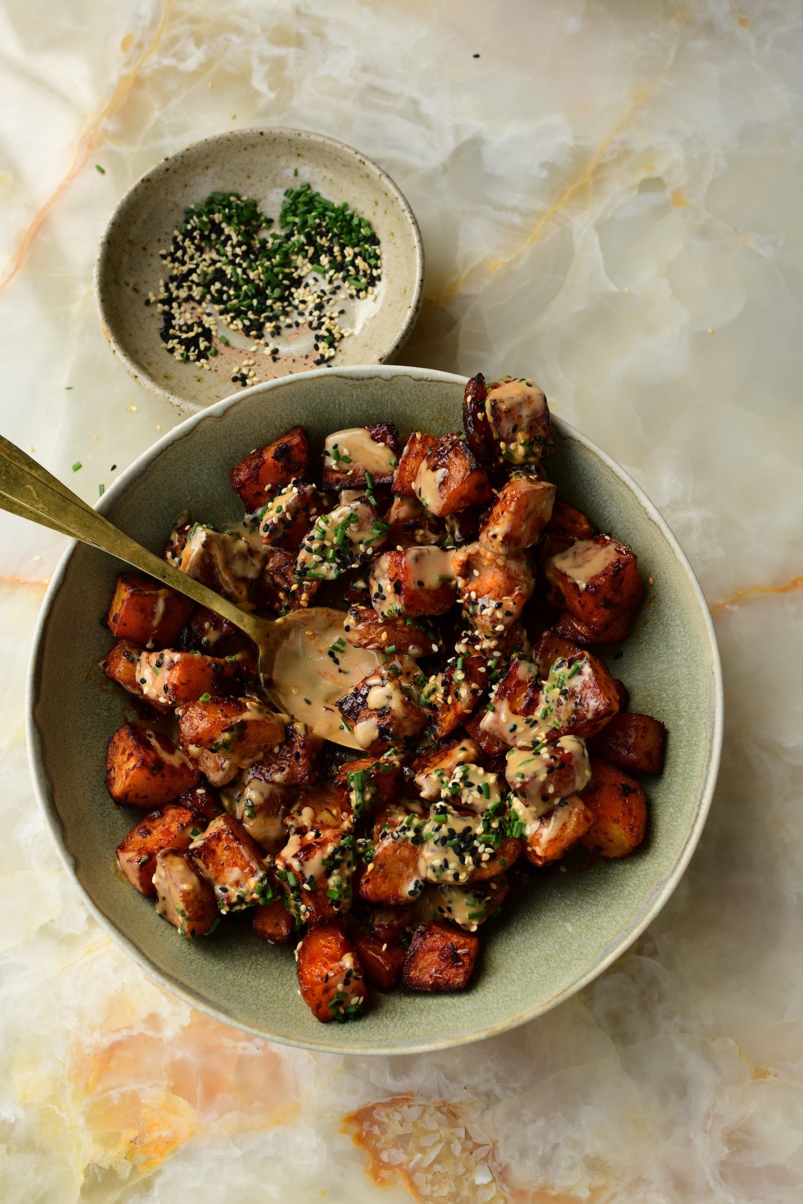Spicy Roast Potatoes with Tahini and Soy