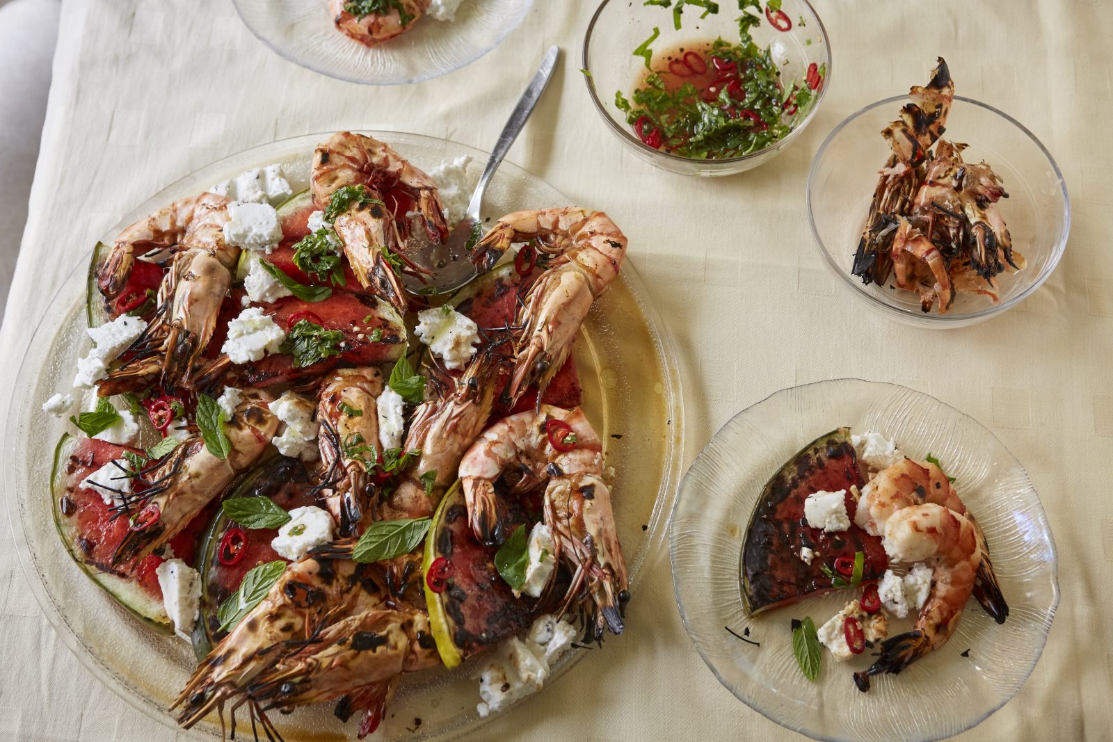 Grilled watermelon and prawns with feta and chilli Patricia Niven
