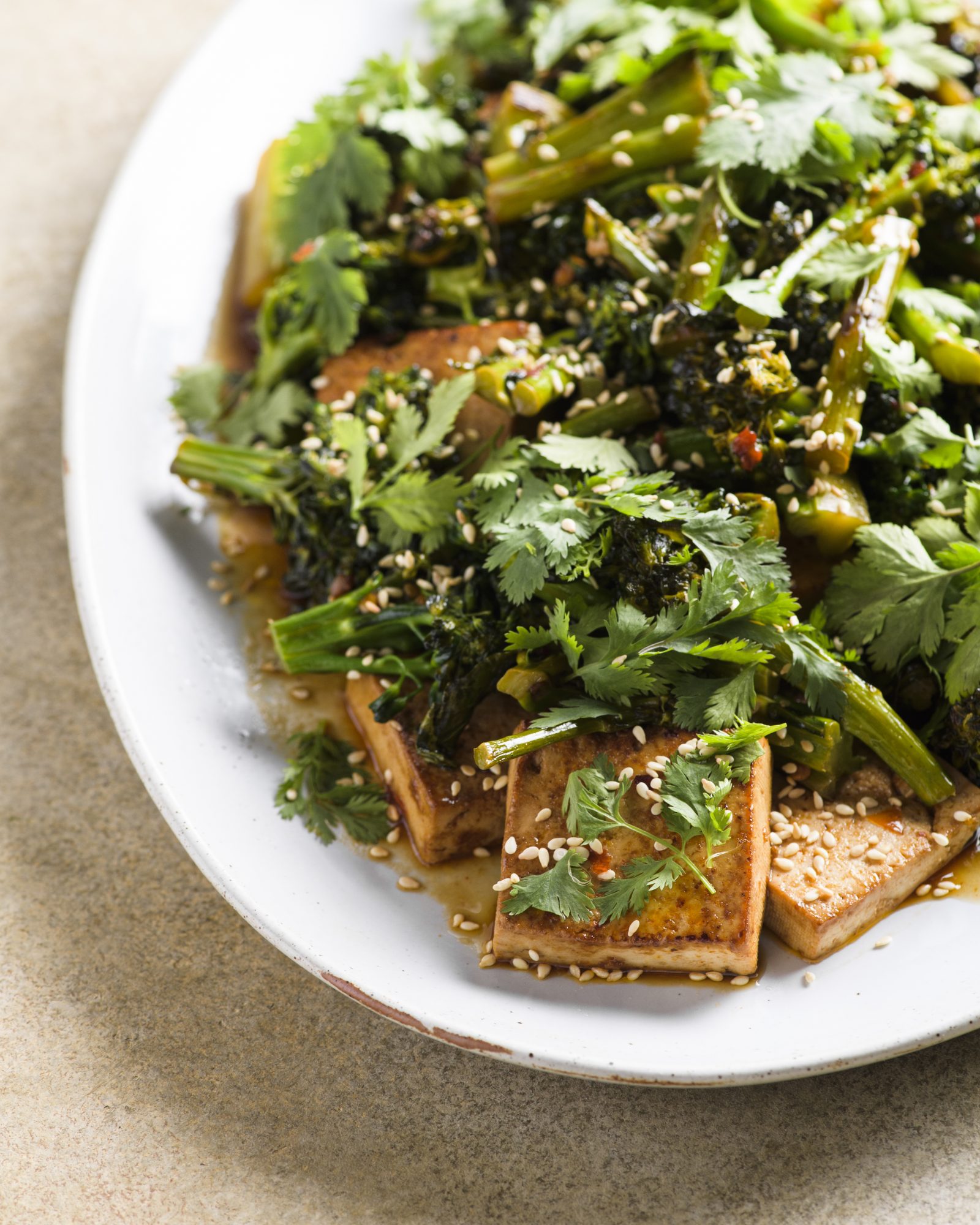 Spicy broccolini seared tofu sesame oil v