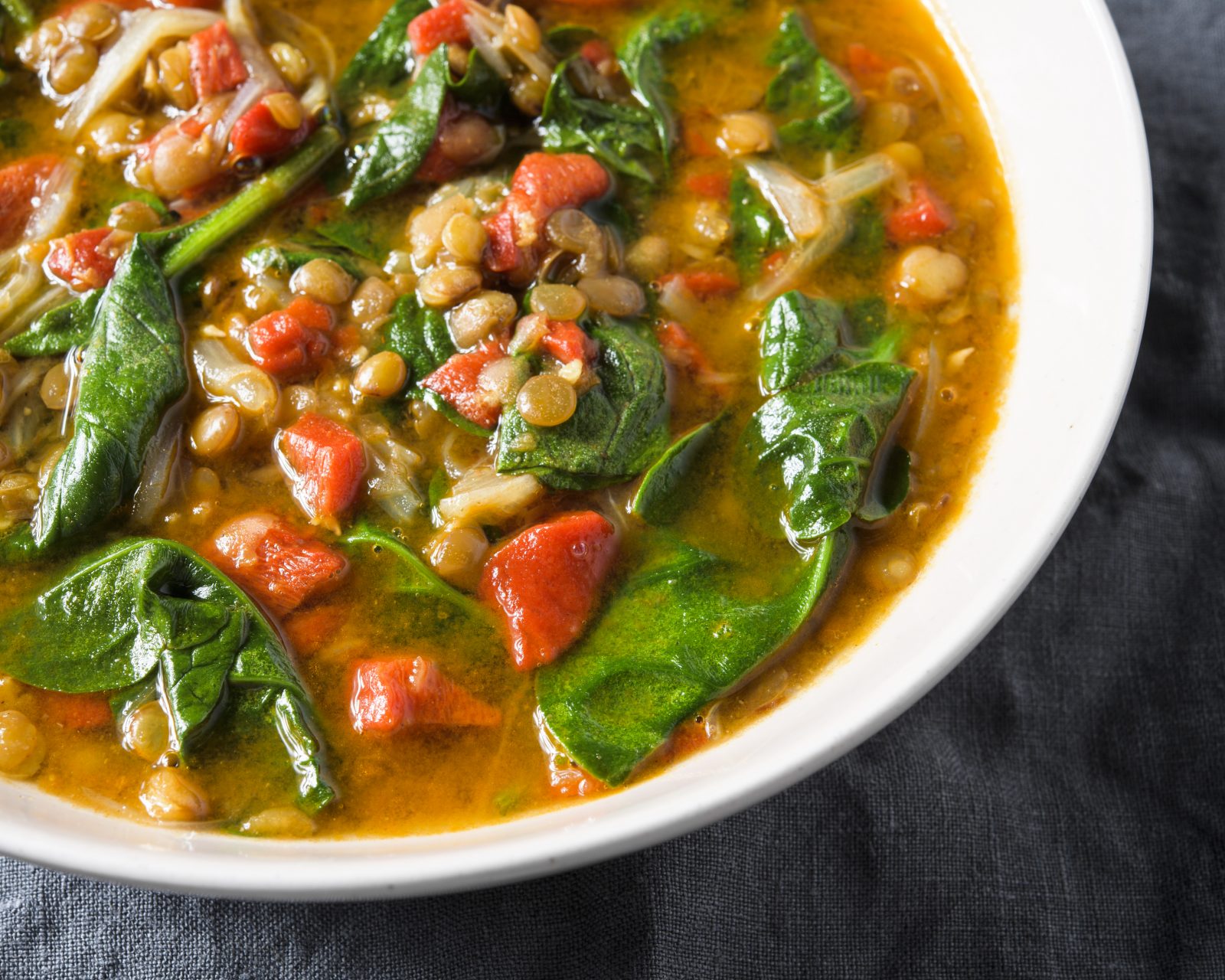 Spinach green lentil soup roasted peppers h