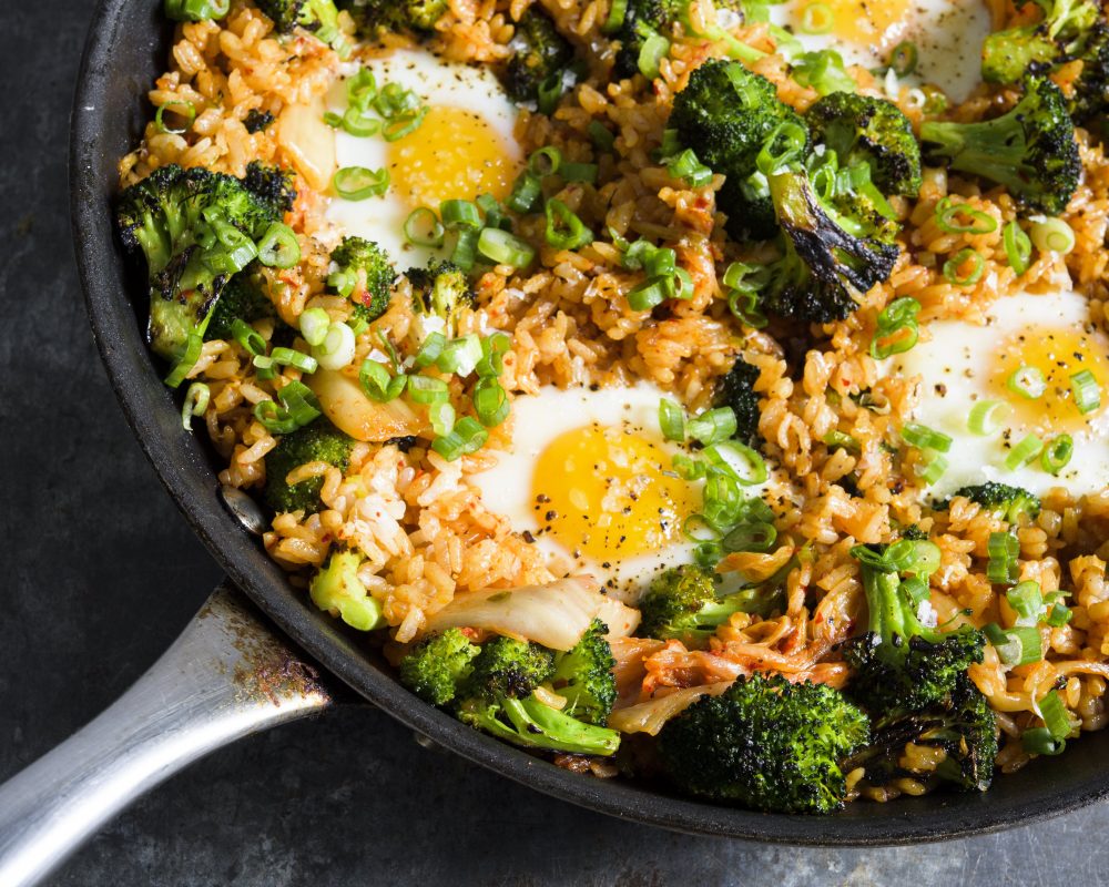 Broccoli kimchi fried rice poached eggs