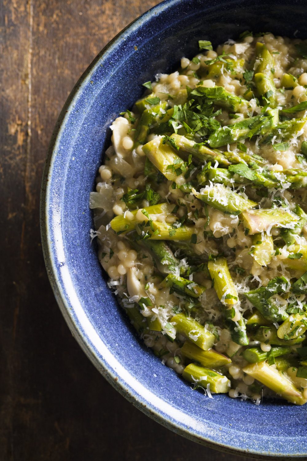 Pearl couscous risotto asparagus vegetables v