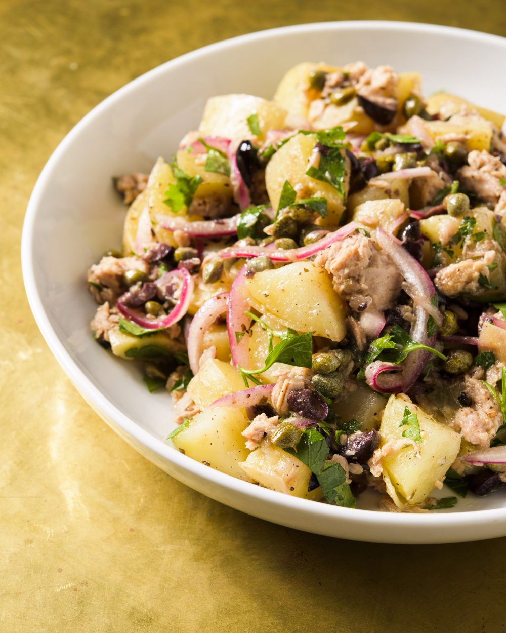 Potato salad capers olives olive oil tuna v