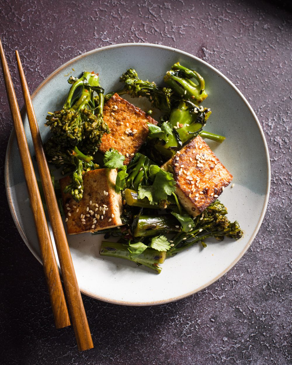Spicy broccolini seared tofu sesame oil skillets v