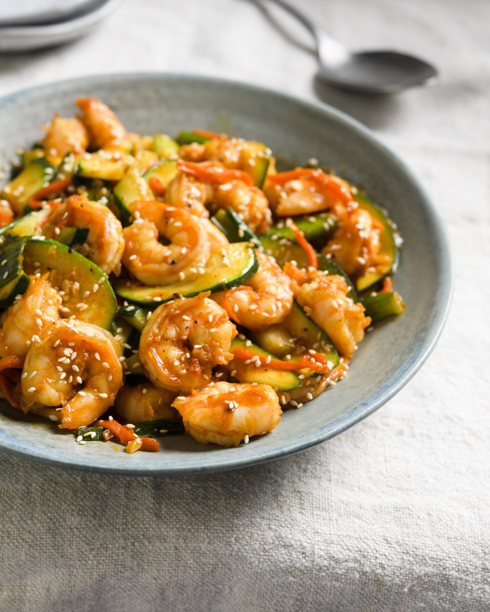 Spicy korean style shrimp zucchini scallions v