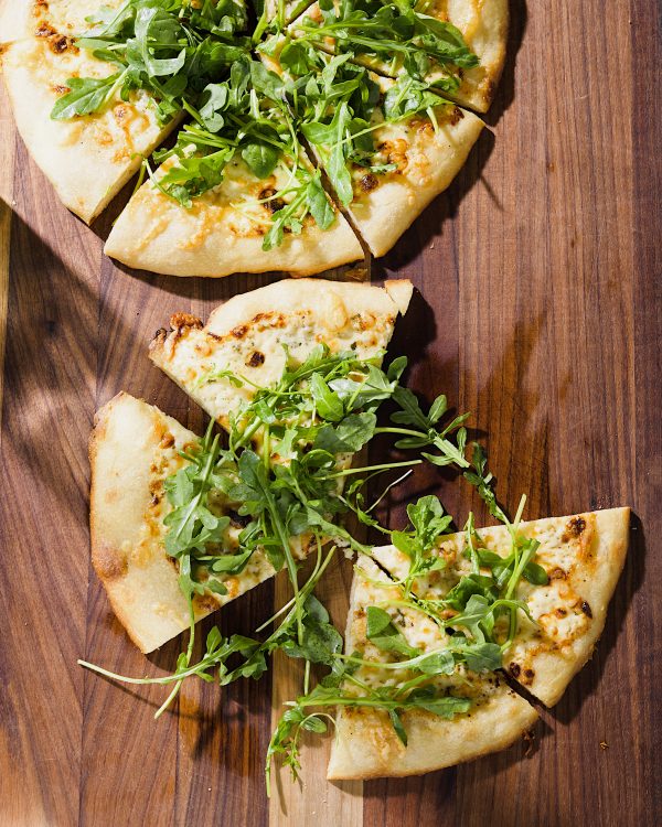 Pour-in-the-Pan Pizza with Parmesan Cream, Fontina and Arugula