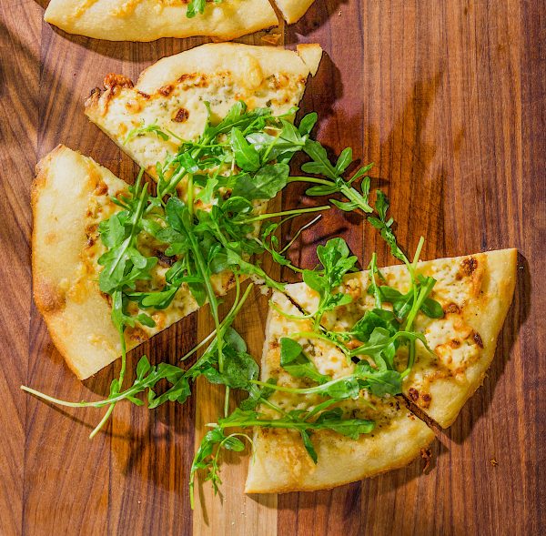 Pour-in-the-Pan Pizza with Parmesan Cream, Fontina and Arugula