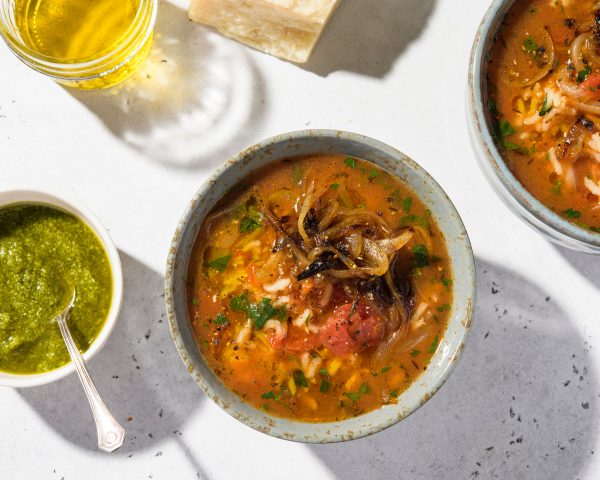 Tomato-Rice Soup with Caramelized Onion