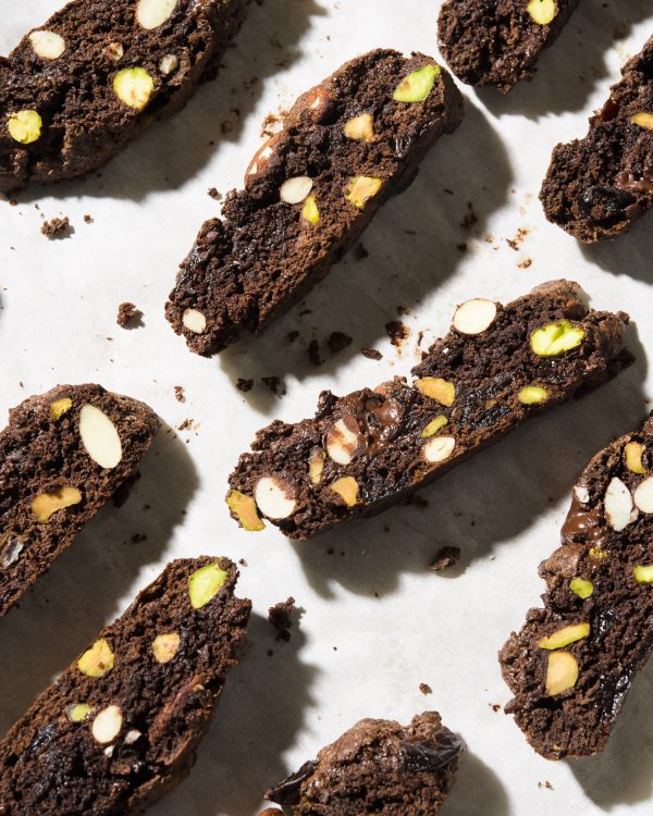 Chocolate Biscotti with Pistachios, Almonds and Dried Cherries