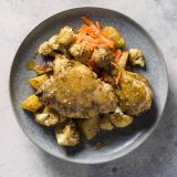 Zaatar chicken vegetable traybake tahini lemon sauce v