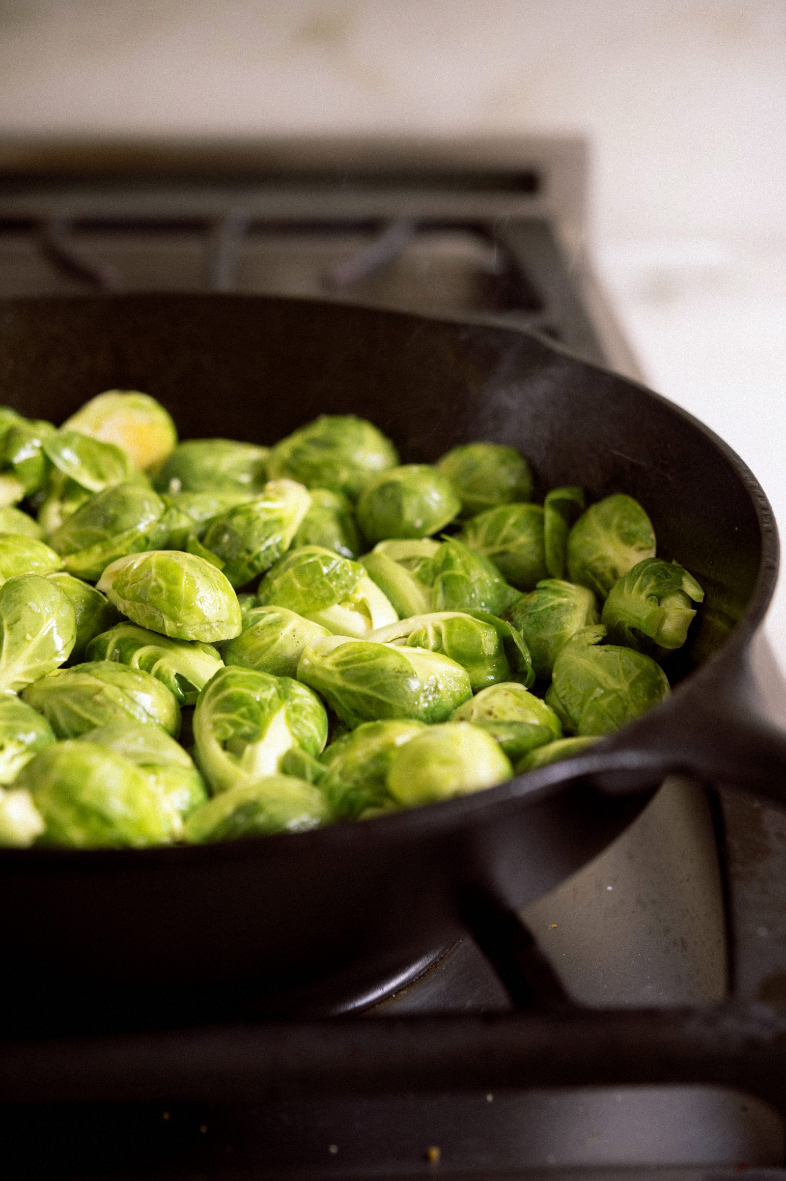 Brussels sprouts in a cast-iron skillet