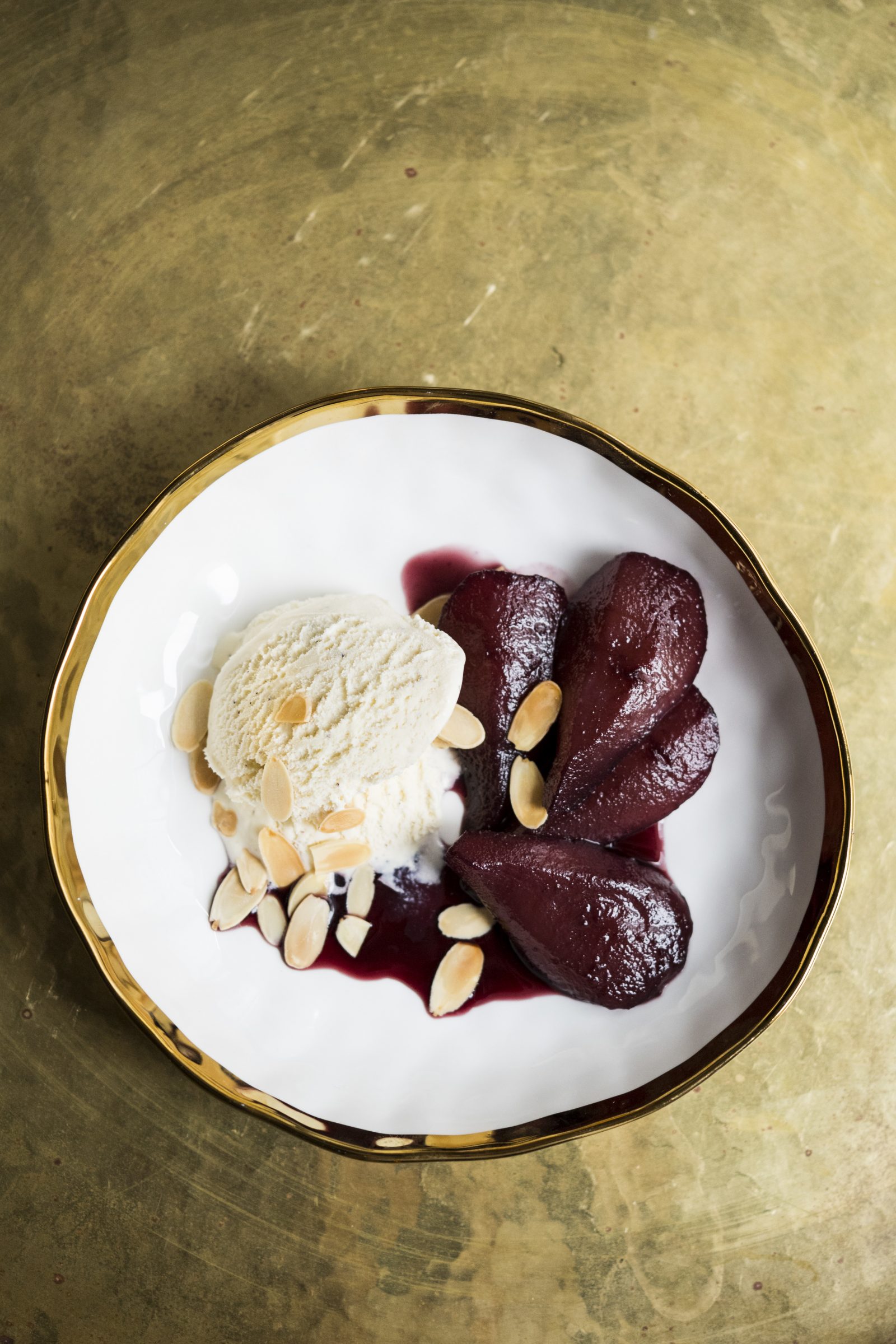 Malbec-Poached Pears with Ice Cream and Toasted Almonds
