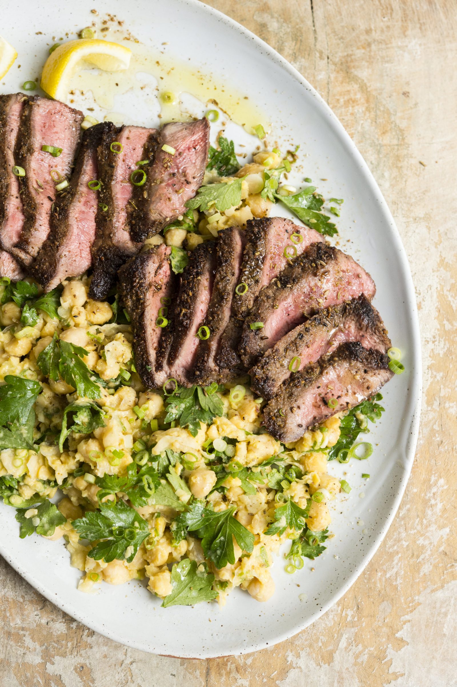 Spice-Crusted Steak with Mashed Chickpeas