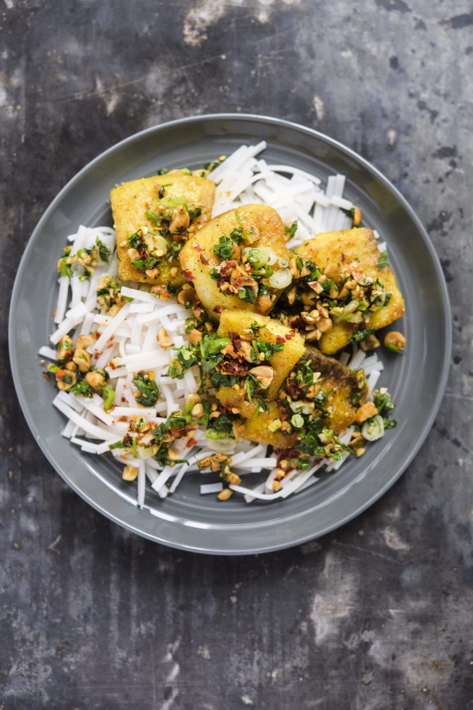 Turmeric-Spiced Fish with Wilted Herbs and Peanuts
