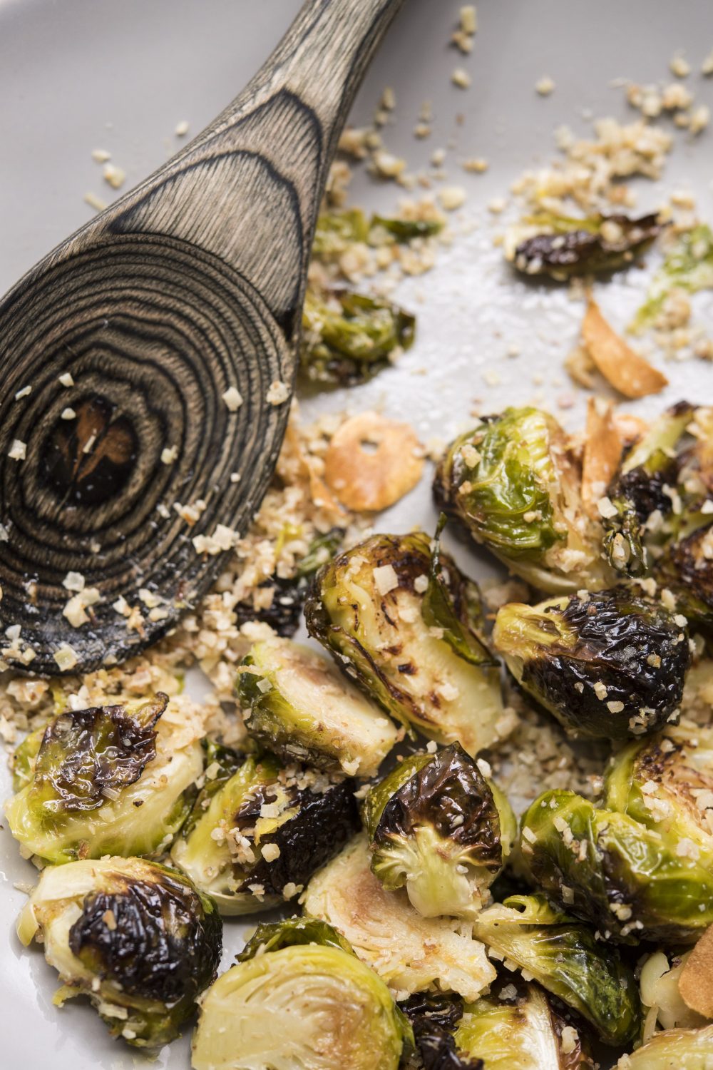 Charred Brussels Sprouts with Garlic Chips