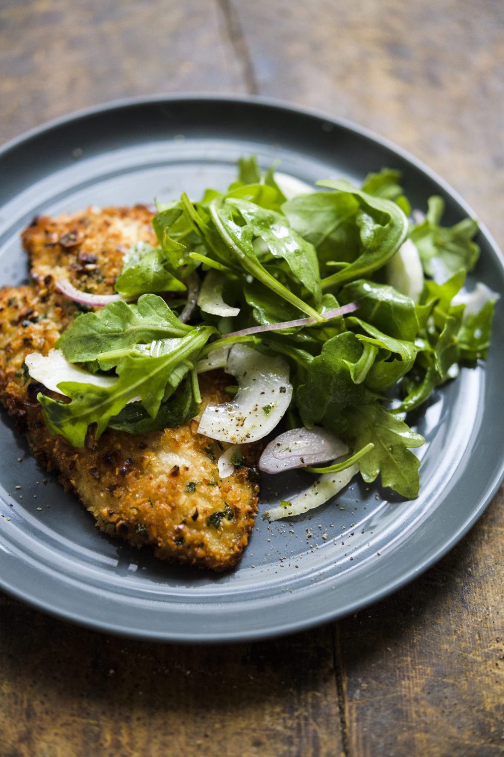 Hazelnut-Crusted Chicken Cutlets with Arugula and Fennel Salad