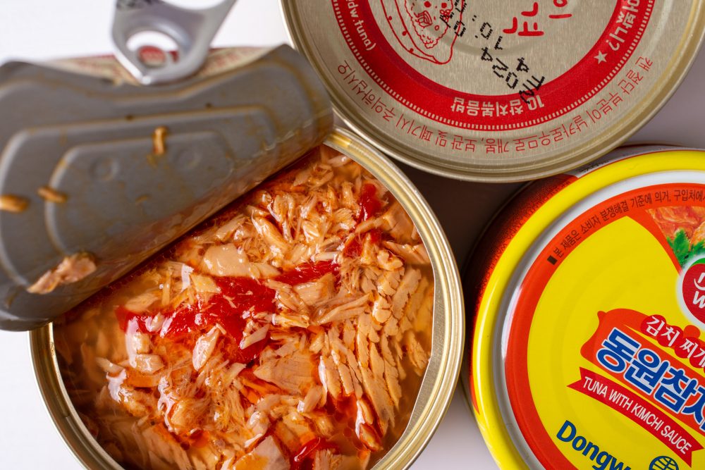 Zesty kimchi adds heat to flaky, meaty Korean canned tuna.