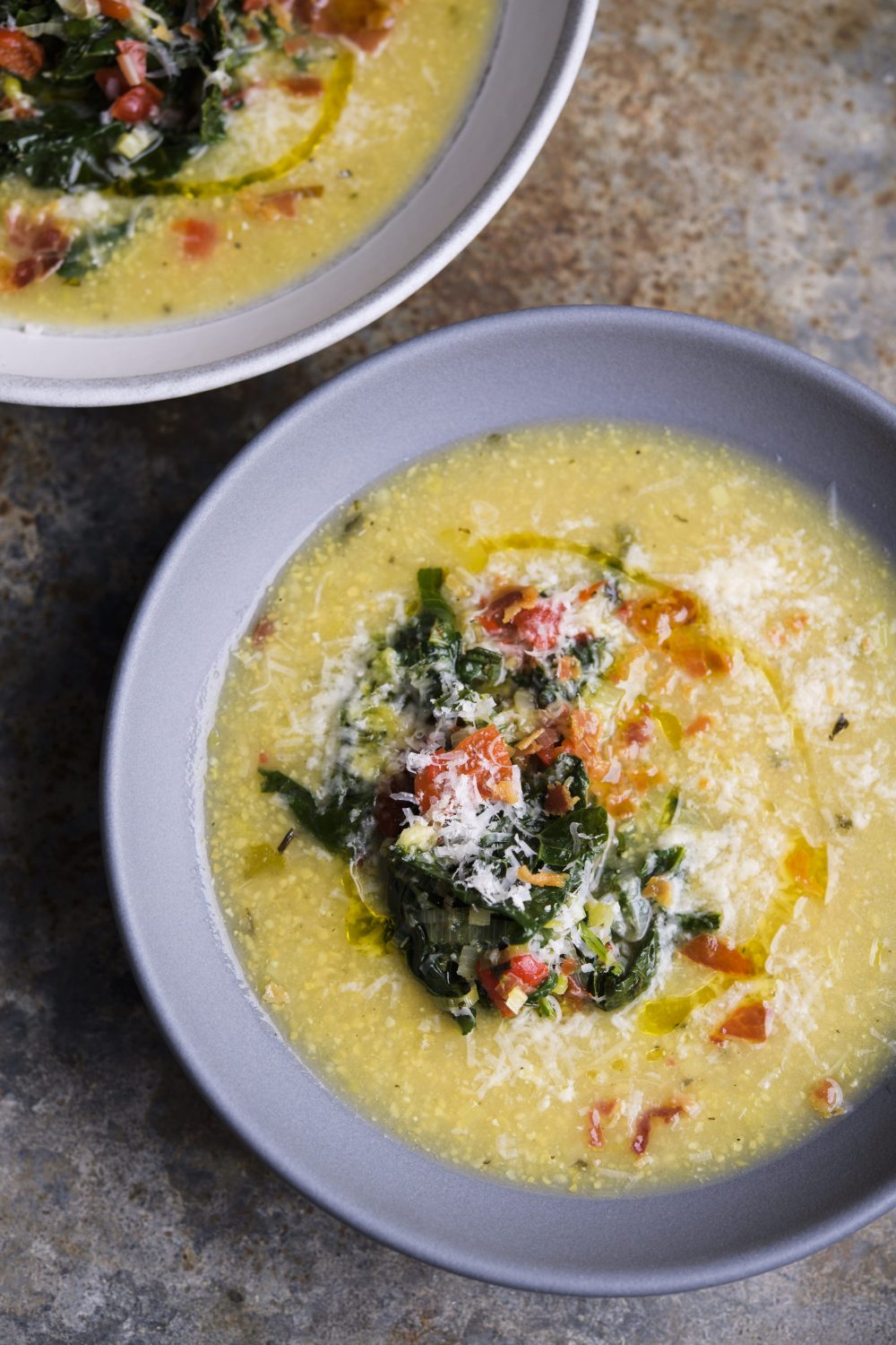 Polenta Soup with Crispy Pancetta and Kale