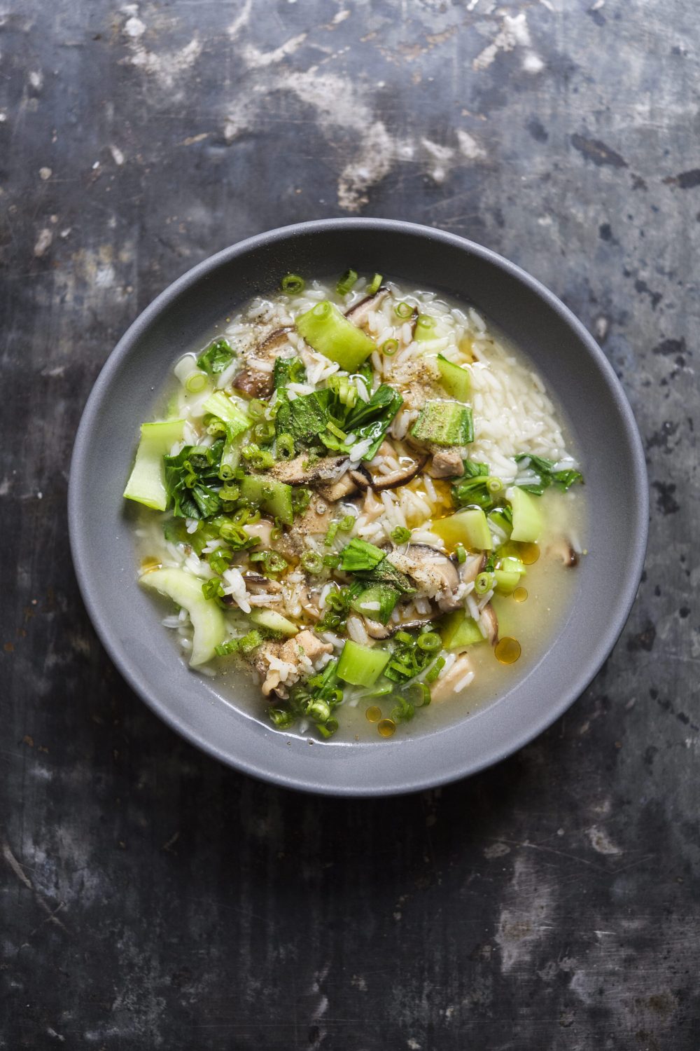 Soupy Rice with Chicken, Bok Choy and Mushrooms (Pao Fan)