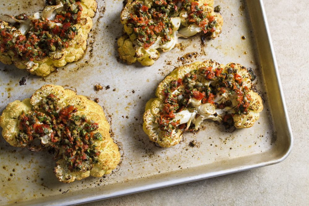 Cauliflower steaks pickled peppers capers parmesan h