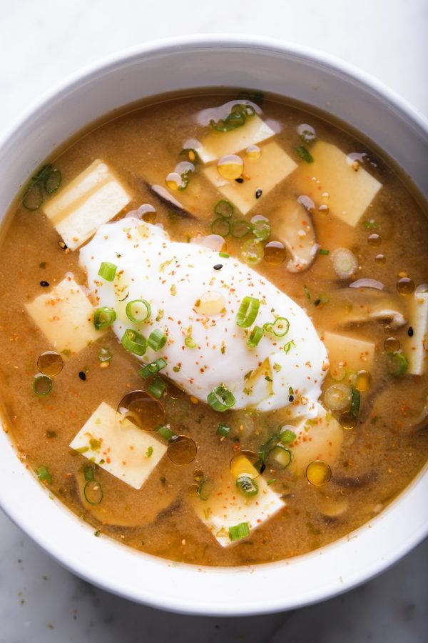 Miso Soup with Shiitake Mushrooms and Poached Eggs