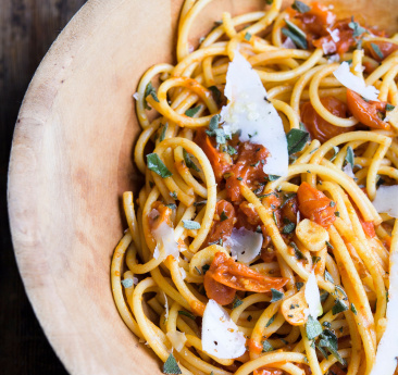 Christopher Kimball's Milk Street – Recipes – Bucatini Pasta with Cherry Tomato Sauce and Fresh Sage